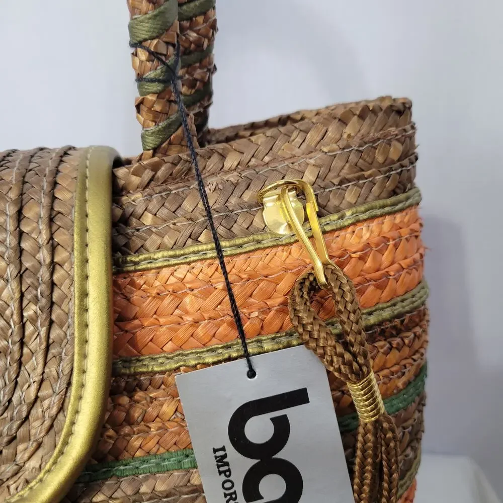 Vintage 90s Striped Straw Shoulder Hand Bag Multicolor Boho Beachy Vacation, New